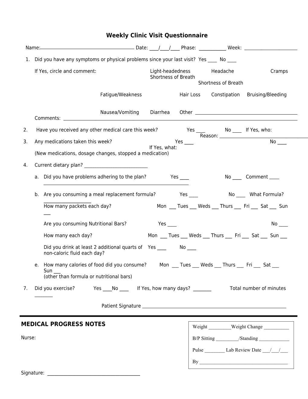 Weekly Clinic Visit Questionnaire