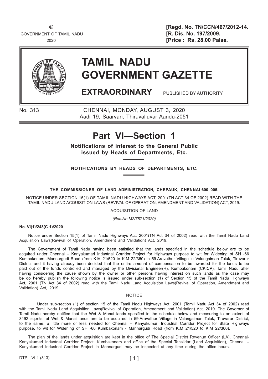 313 CHENNAI, MONDAY, AUGUST 3, 2020 Aadi 19, Saarvari, Thiruvalluvar Aandu-2051