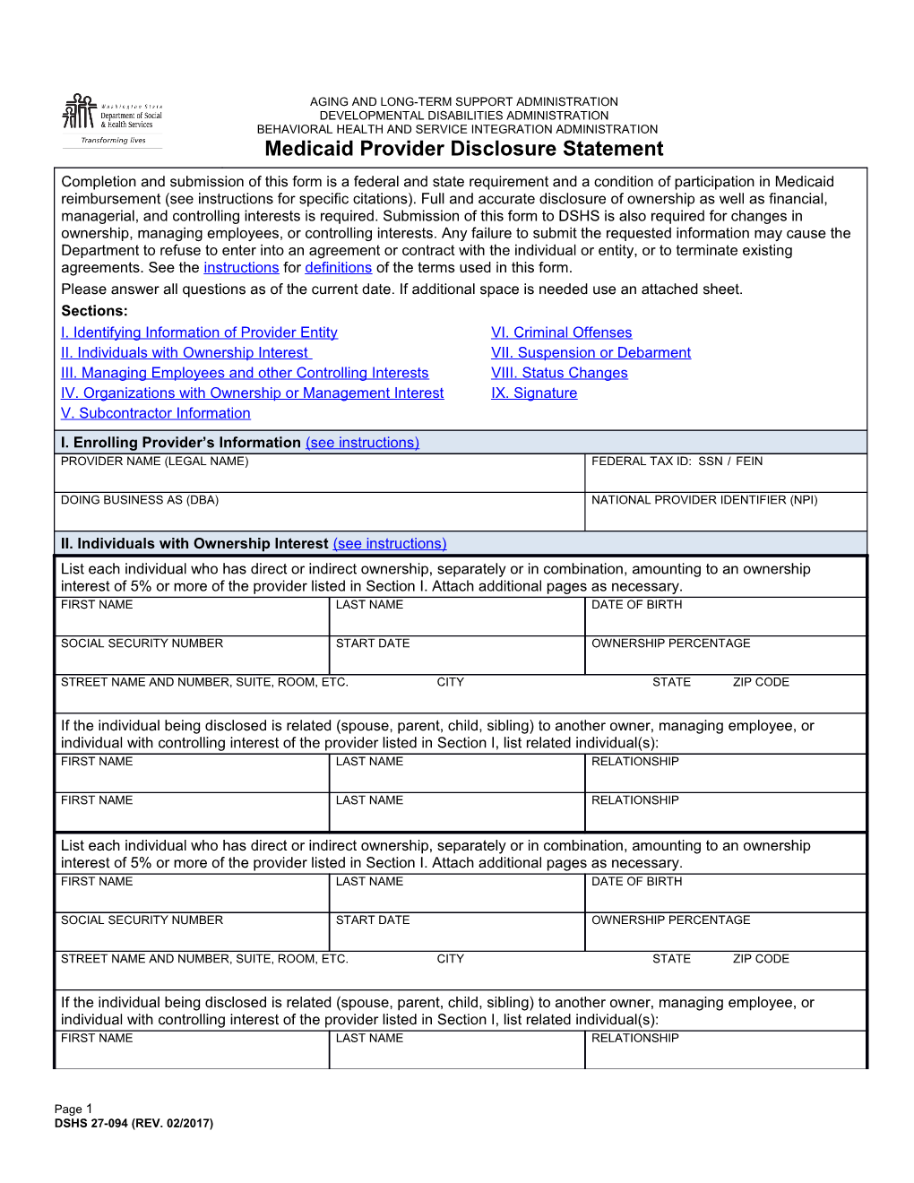 Medicaid Provider Disclosure Statement