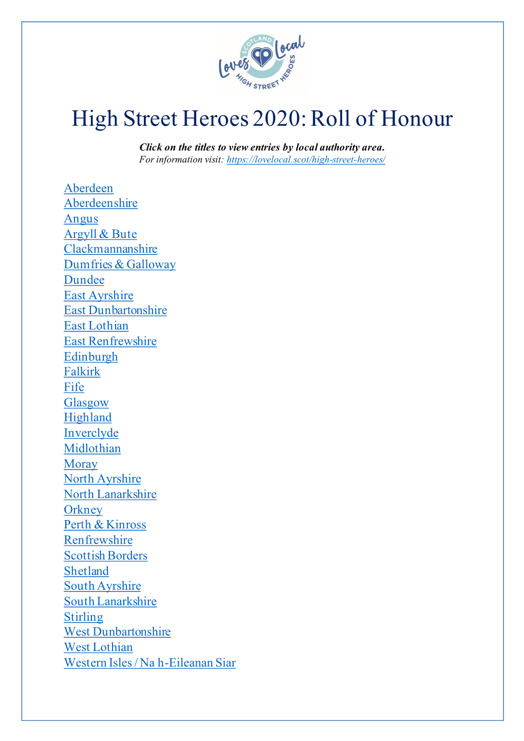 High Street Heroes 2020: Roll of Honour