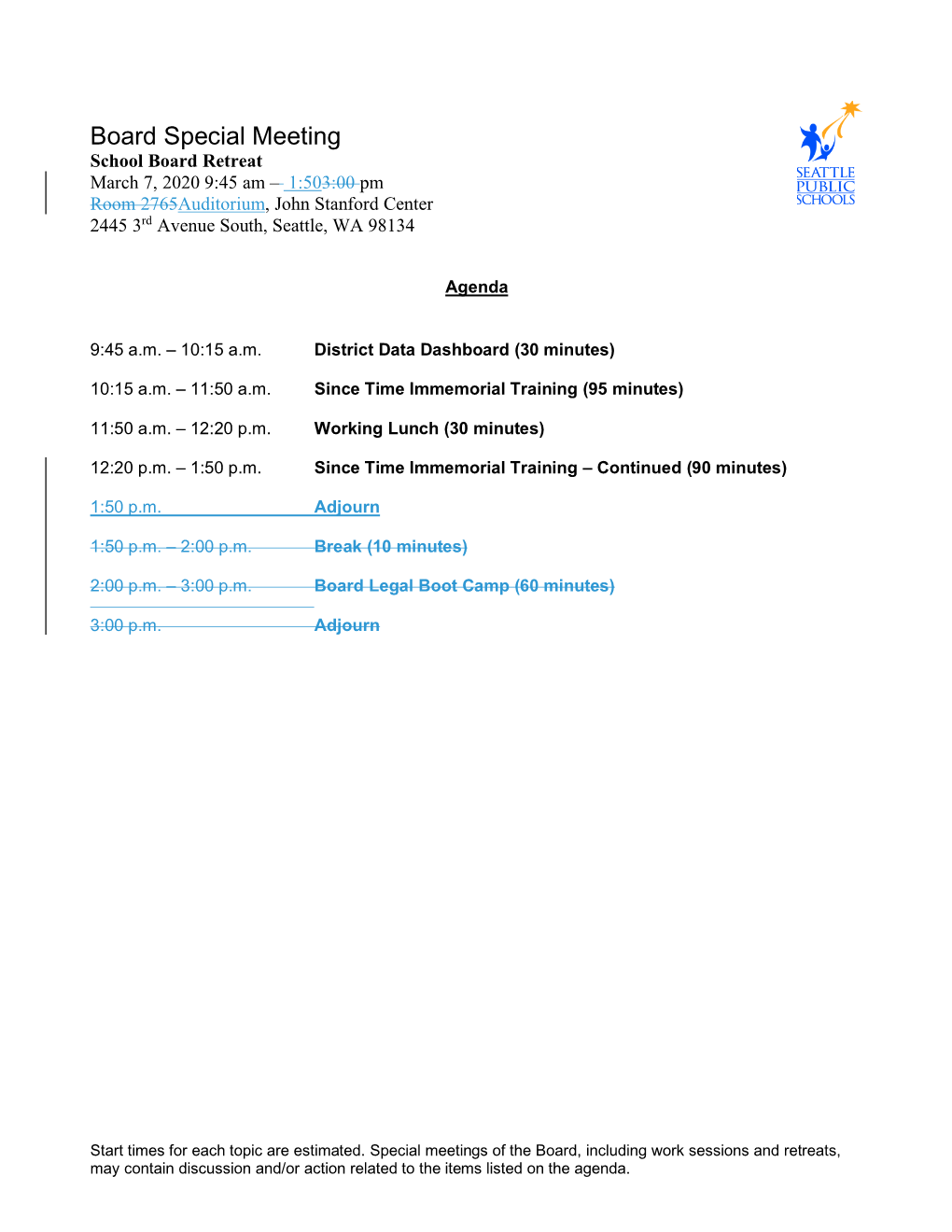 March 7, 2020 School Board Retreat Agenda