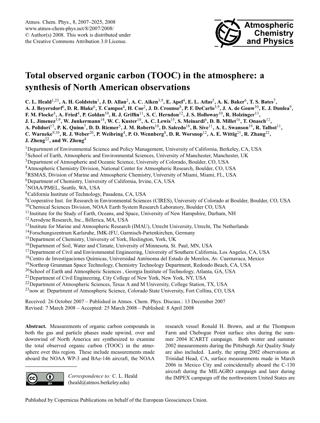 Total Observed Organic Carbon (TOOC) in the Atmosphere: a Synthesis of North American Observations