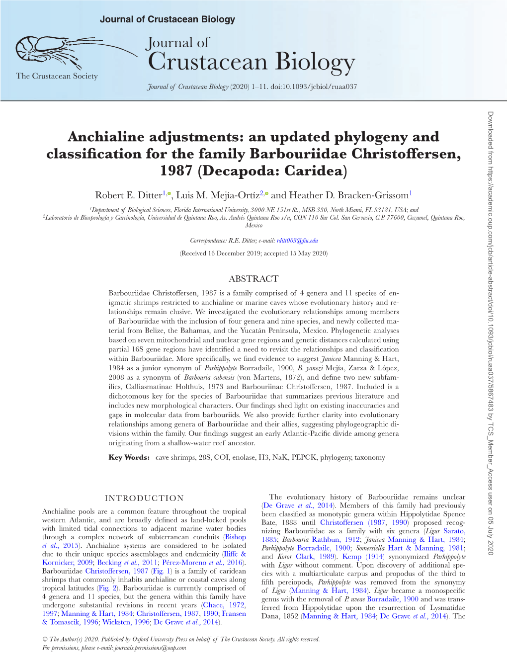 Crustacean Biology Journal of Crustacean Biology the Crustacean Society Journal of Crustacean Biology (2020) 1–11