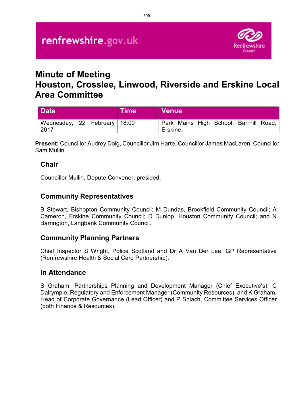 Minute of Meeting Houston, Crosslee, Linwood, Riverside and Erskine Local Area Committee