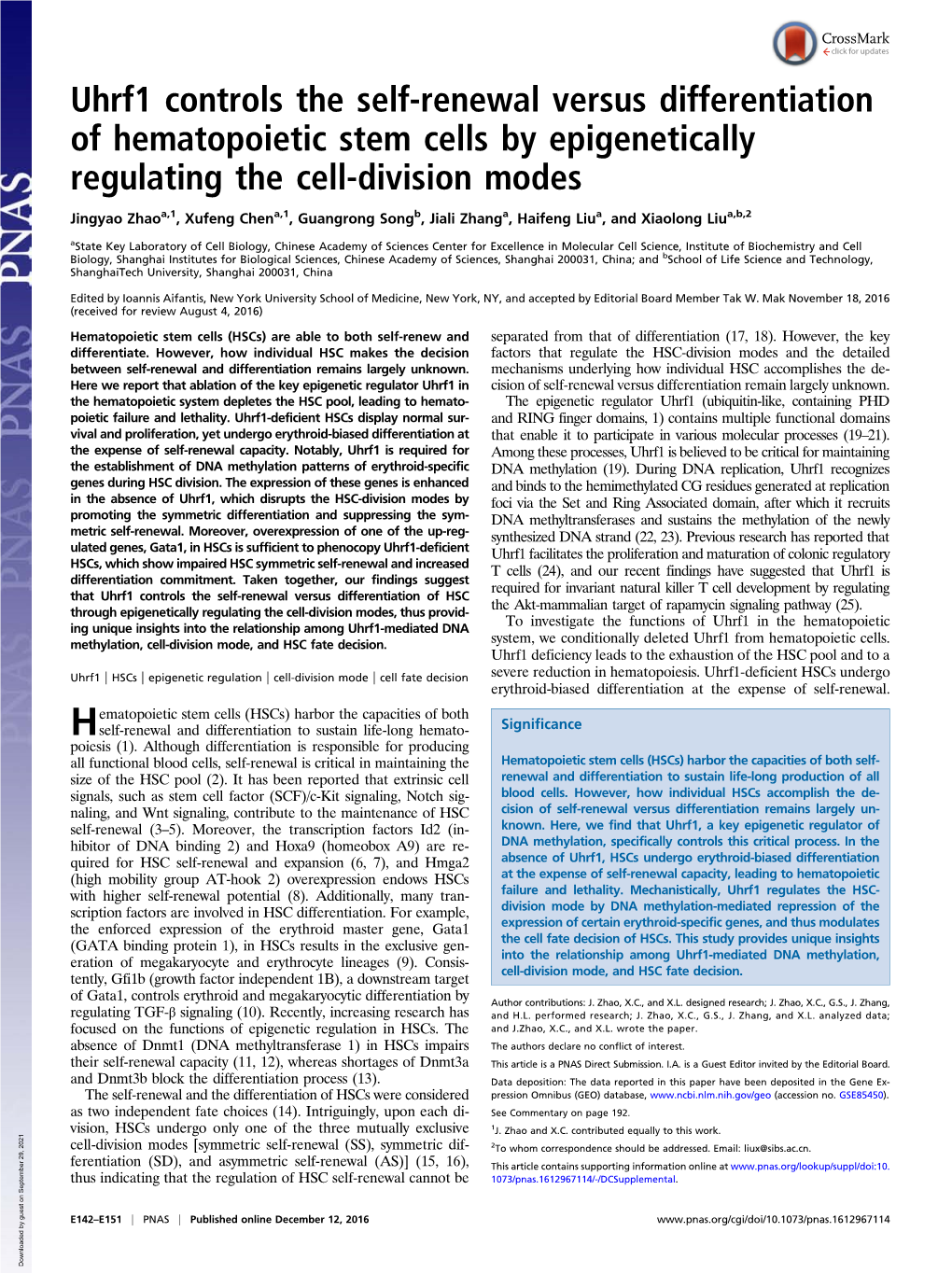 Uhrf1 Controls the Self-Renewal Versus Differentiation of Hematopoietic Stem Cells by Epigenetically Regulating the Cell-Division Modes