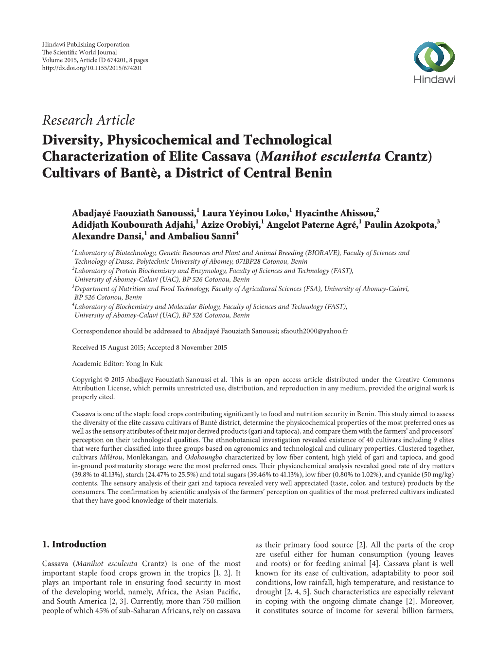 Diversity, Physicochemical and Technological Characterization of Elite Cassava (Manihot Esculenta Crantz) Cultivars of Bantè, a District of Central Benin