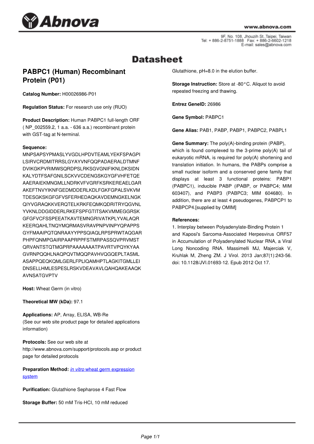 PABPC1 (Human) Recombinant Protein (P01)