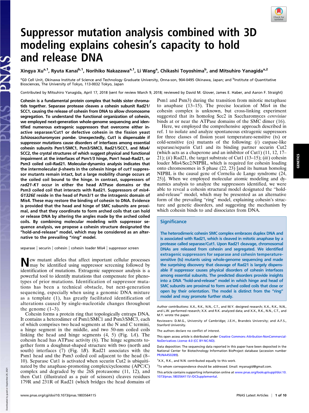 Suppressor Mutation Analysis Combined with 3D Modeling Explains Cohesin’S Capacity to Hold and Release DNA