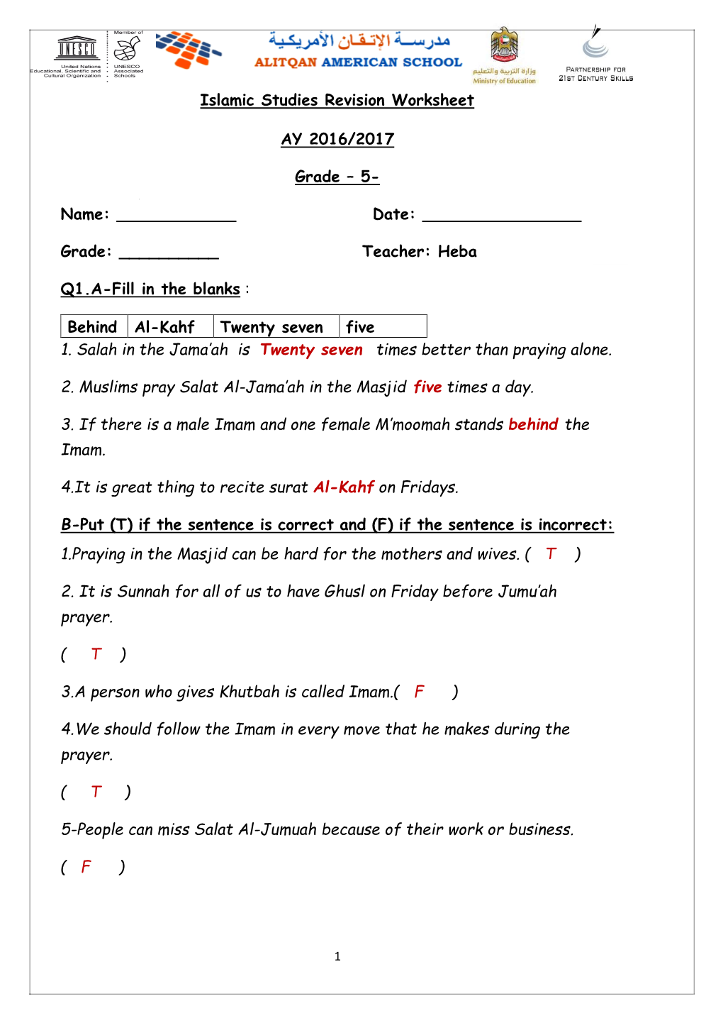 Islamic Studies Revision Worksheet 7 /201 6201 YA -5 – Grade Name