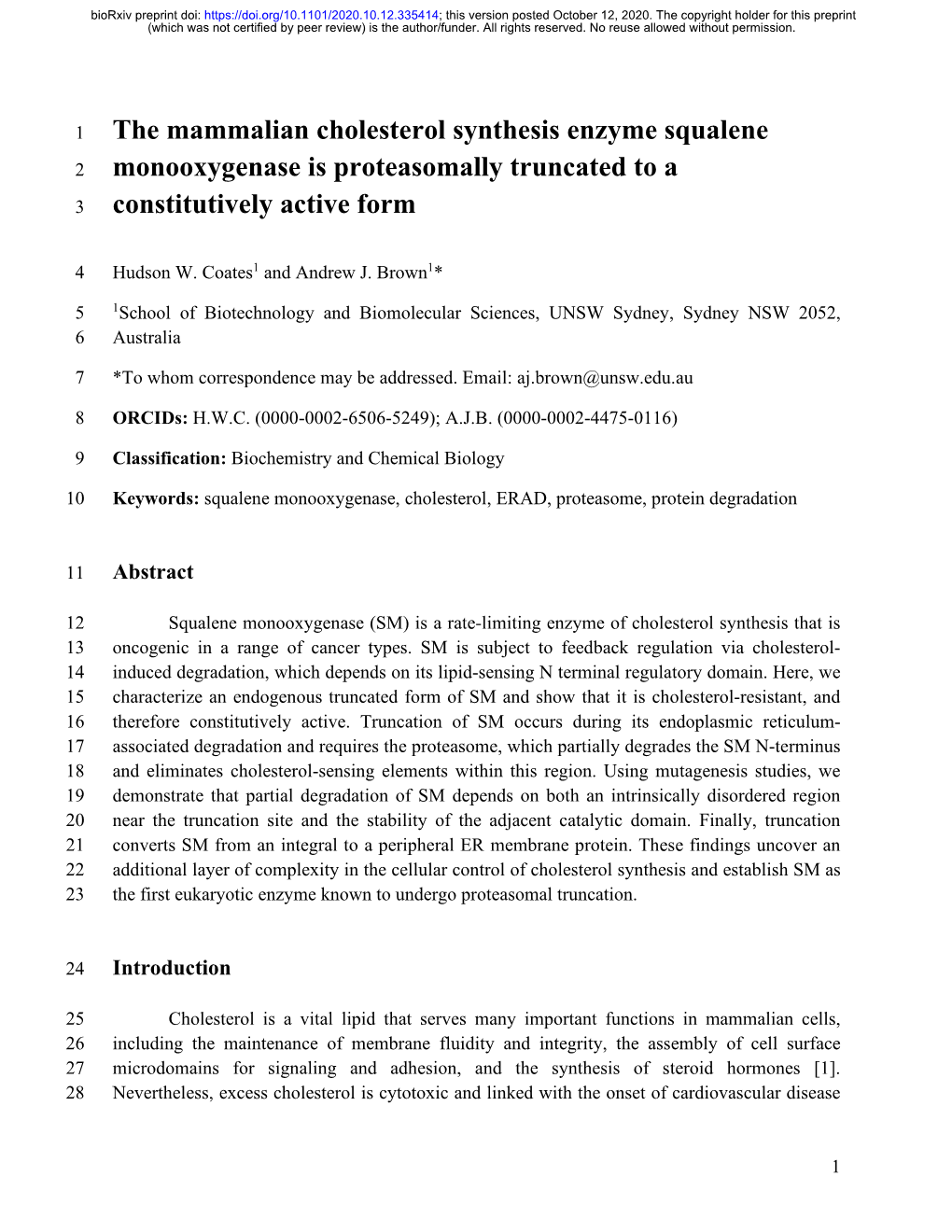 The Mammalian Cholesterol Synthesis Enzyme Squalene 2 Monooxygenase Is Proteasomally Truncated to a 3 Constitutively Active Form