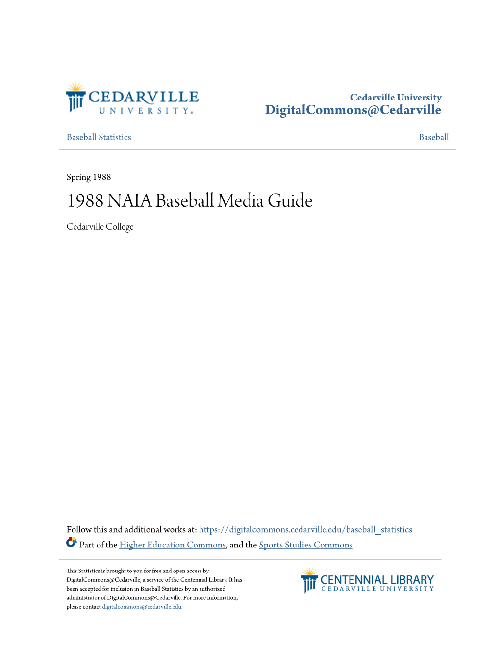 1988 NAIA Baseball Media Guide Cedarville College