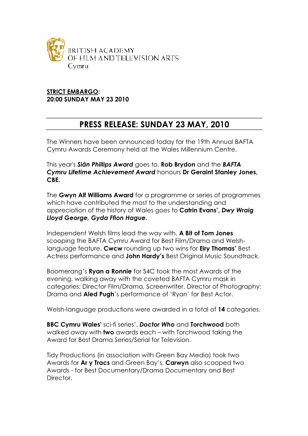 BAFTA Cymru Award Winners Press Release