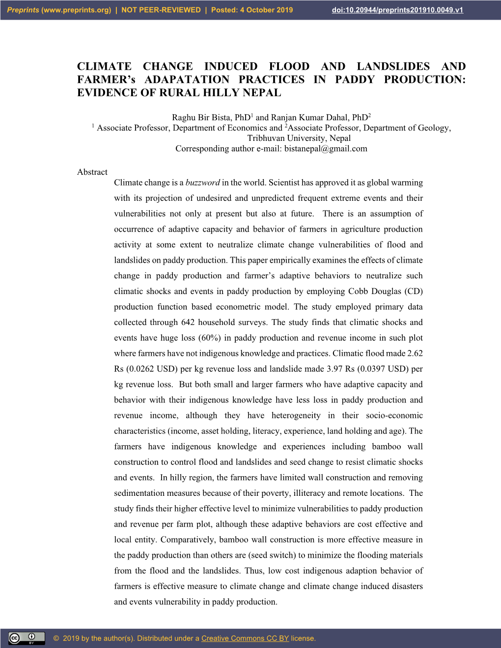 CLIMATE CHANGE INDUCED FLOOD and LANDSLIDES and FARMER’S ADAPATATION PRACTICES in PADDY PRODUCTION: EVIDENCE of RURAL HILLY NEPAL