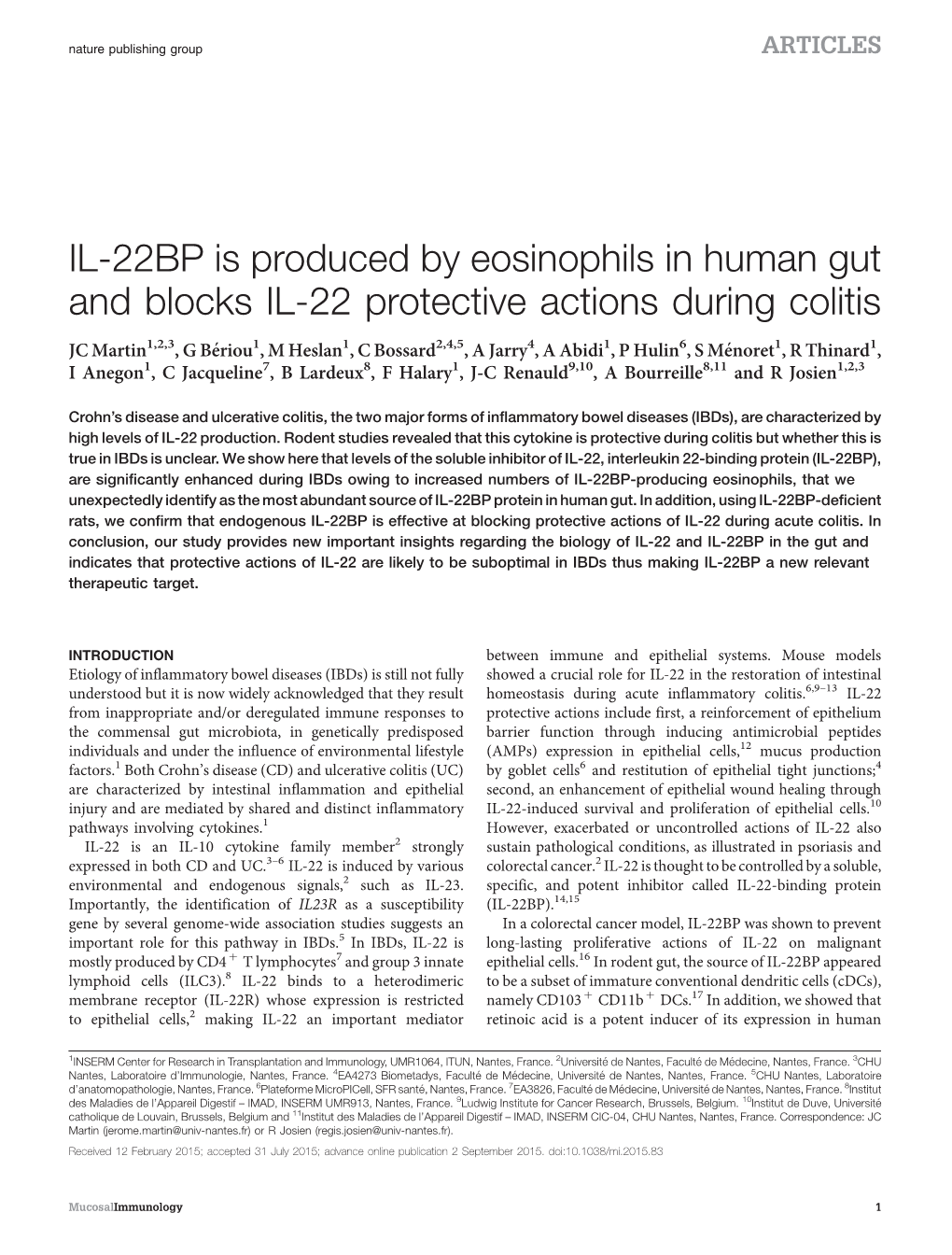 IL-22BP Is Produced by Eosinophils in Human Gut and Blocks IL-22 Protective Actions During Colitis