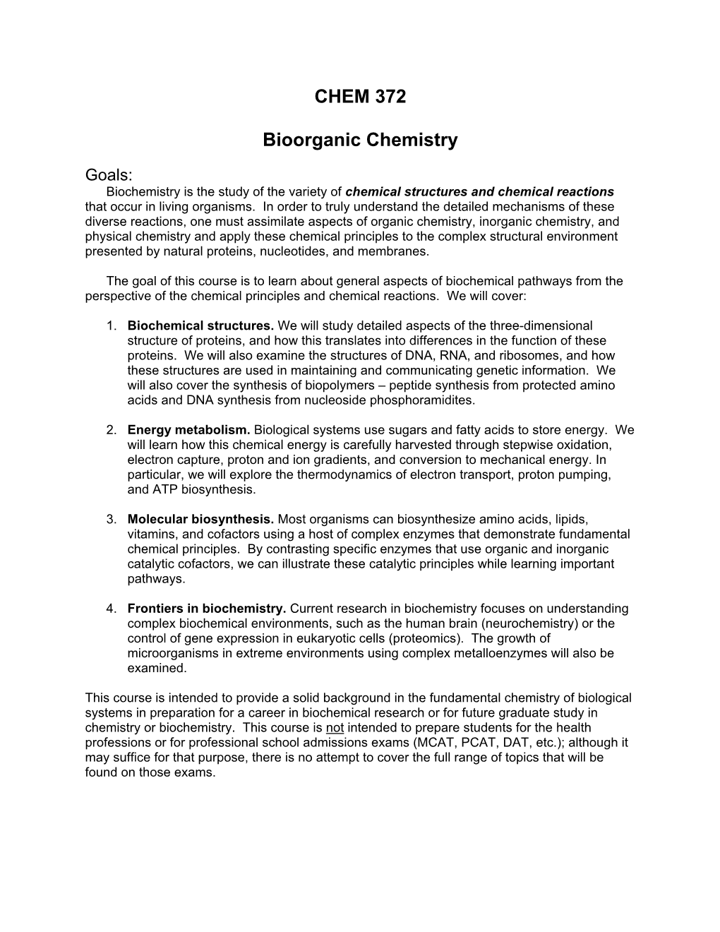 CHEM 372 Bioorganic Chemistry