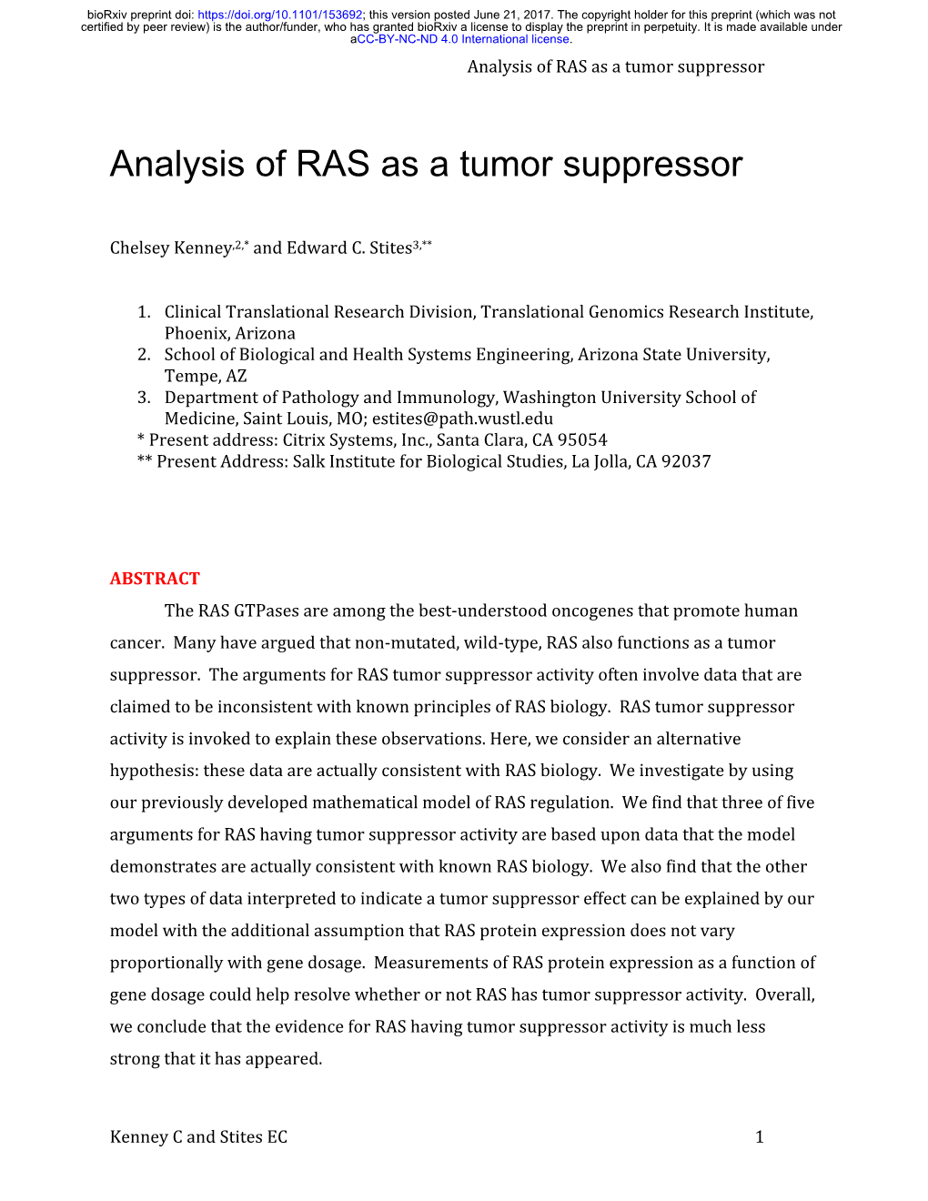 Analysis of RAS As a Tumor Suppressor