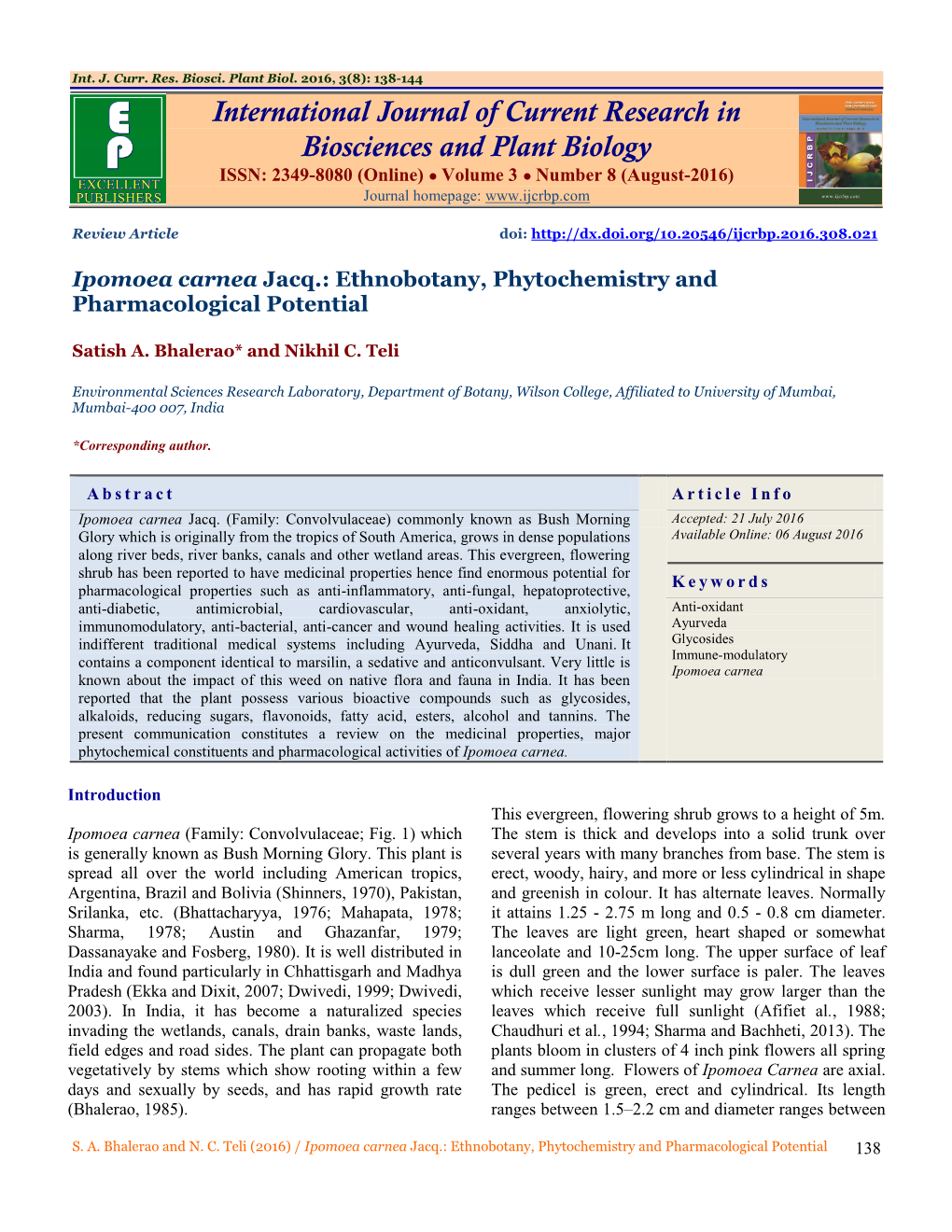 Ipomoea Carnea Jacq.: Ethnobotany, Phytochemistry and Pharmacological Potential