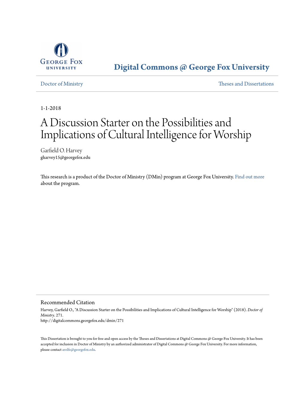 A Discussion Starter on the Possibilities and Implications of Cultural Intelligence for Worship Garfield .O Harvey Gharvey15@Georgefox.Edu