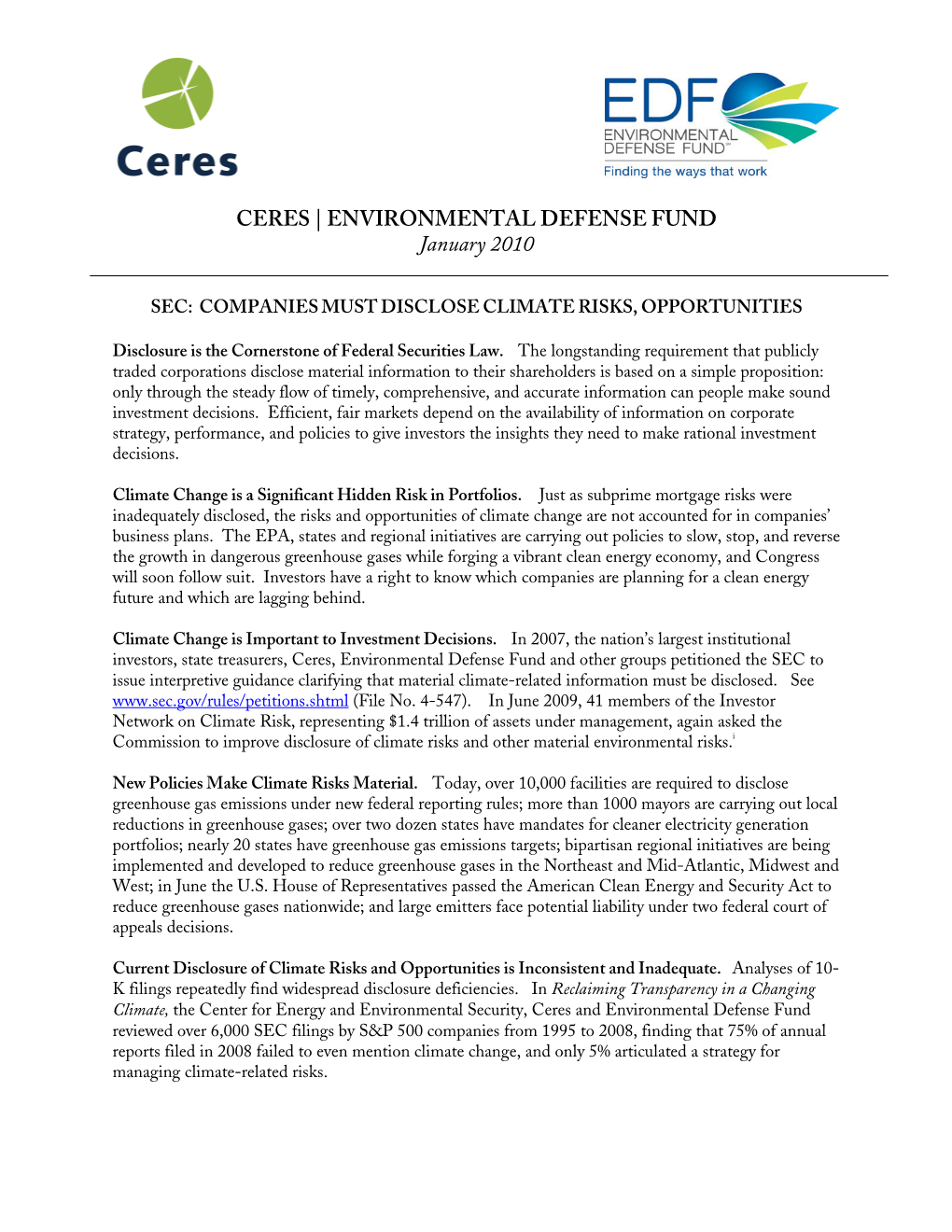 CERES | ENVIRONMENTAL DEFENSE FUND January 2010