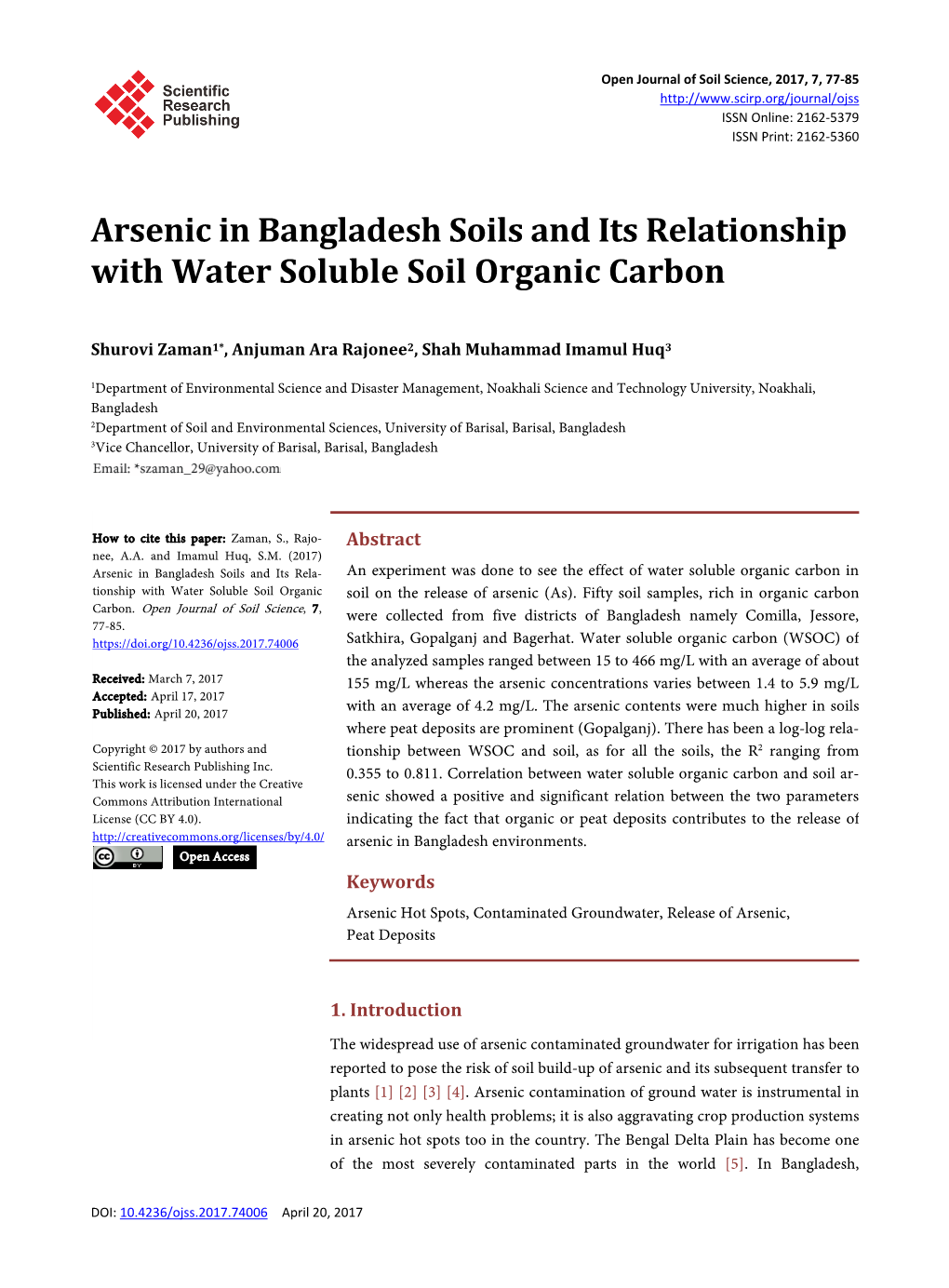 Arsenic in Bangladesh Soils and Its Relationship with Water Soluble Soil Organic Carbon