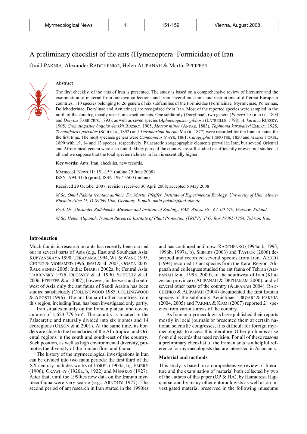 A Preliminary Checklist of the Ants (Hymenoptera: Formicidae) of Iran