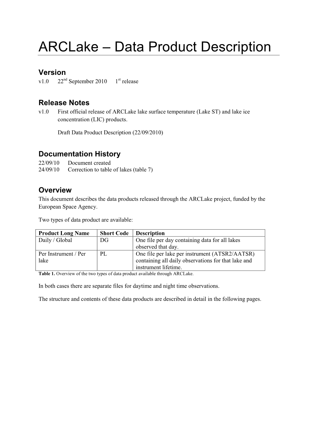 Arclake – Data Product Description