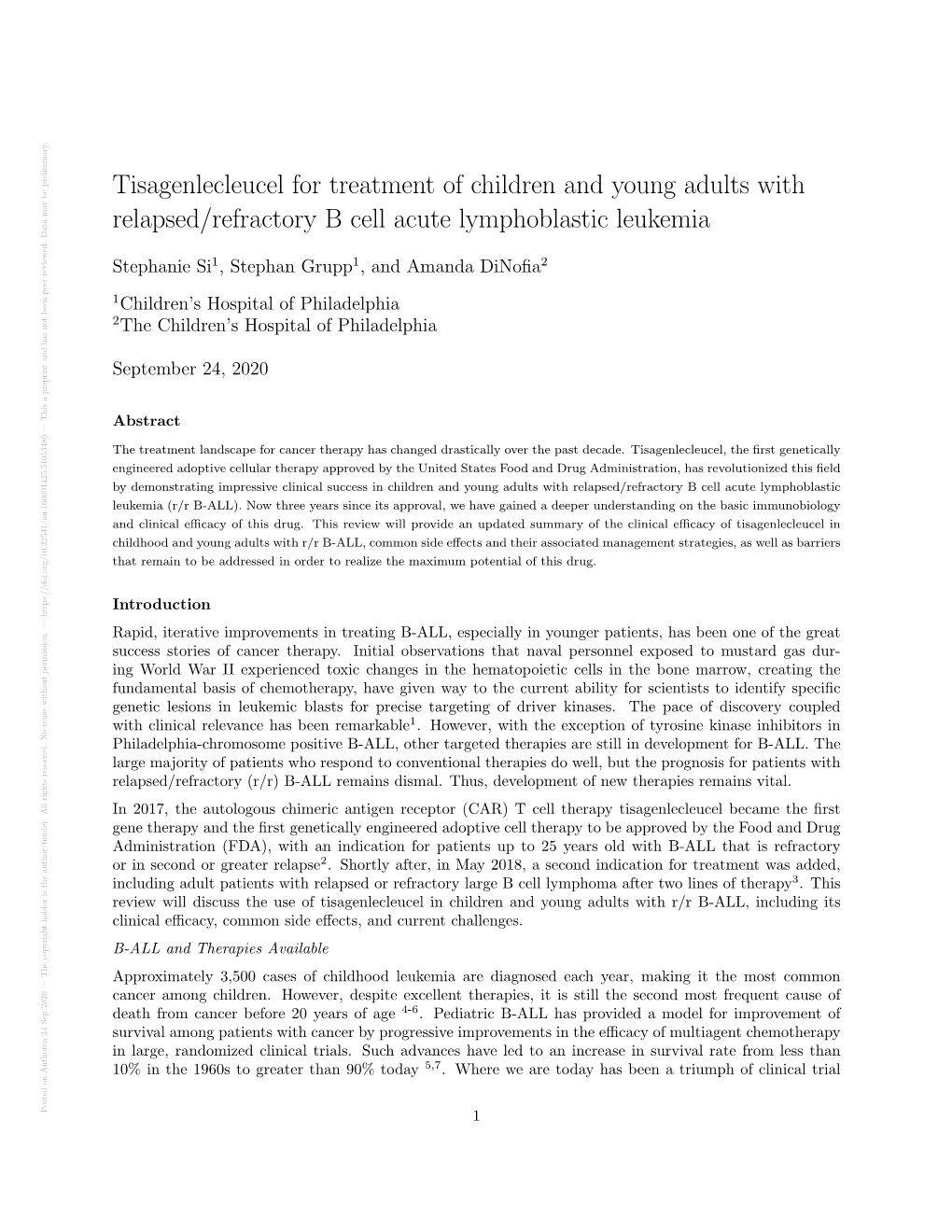 Tisagenlecleucel for Treatment of Children and Young Adults With