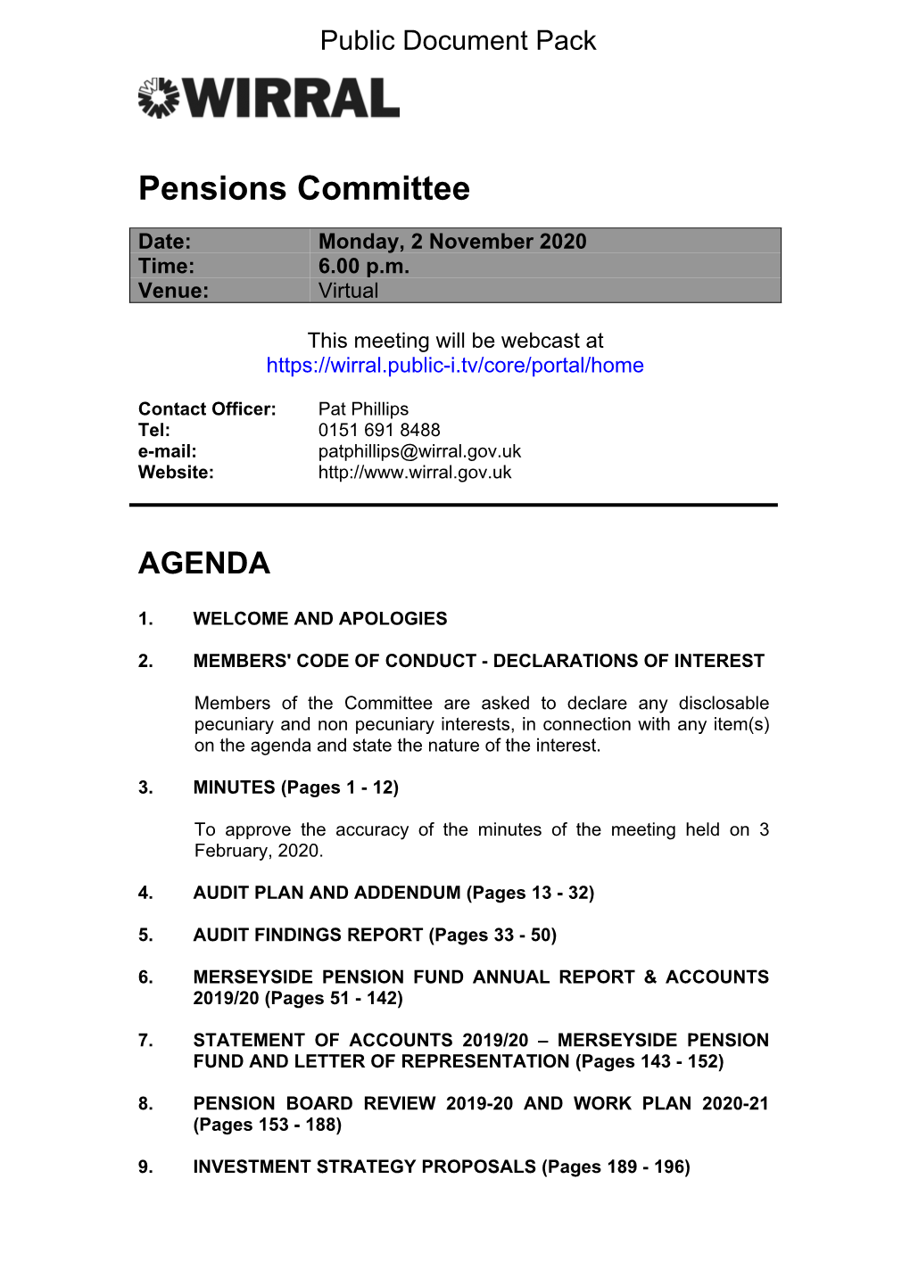 (Public Pack)Agenda Document for Pensions Committee, 02/11/2020 18:00