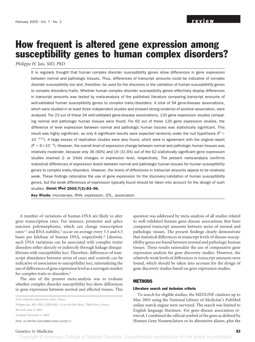 How Frequent Is Altered Gene Expression Among Susceptibility Genes to Human Complex Disorders? Philippe H