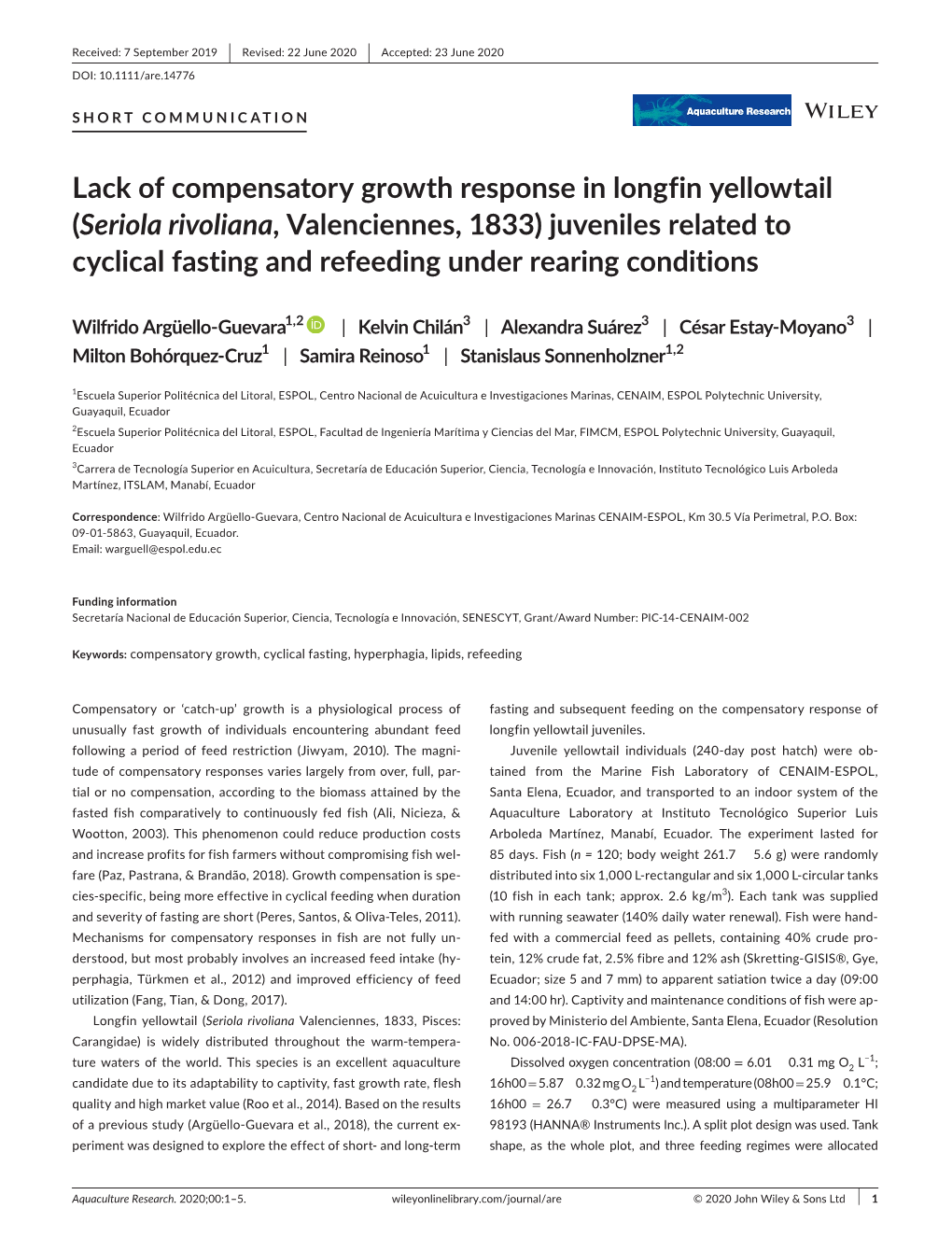 Lack of Compensatory Growth Response in Longfin Yellowtail (Seriola Rivoliana, Valenciennes, 1833) Juveniles Related to Cyclical