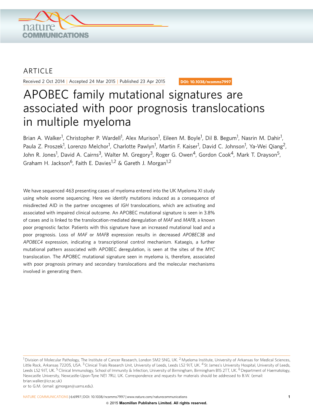 APOBEC Family Mutational Signatures Are Associated with Poor Prognosis Translocations in Multiple Myeloma