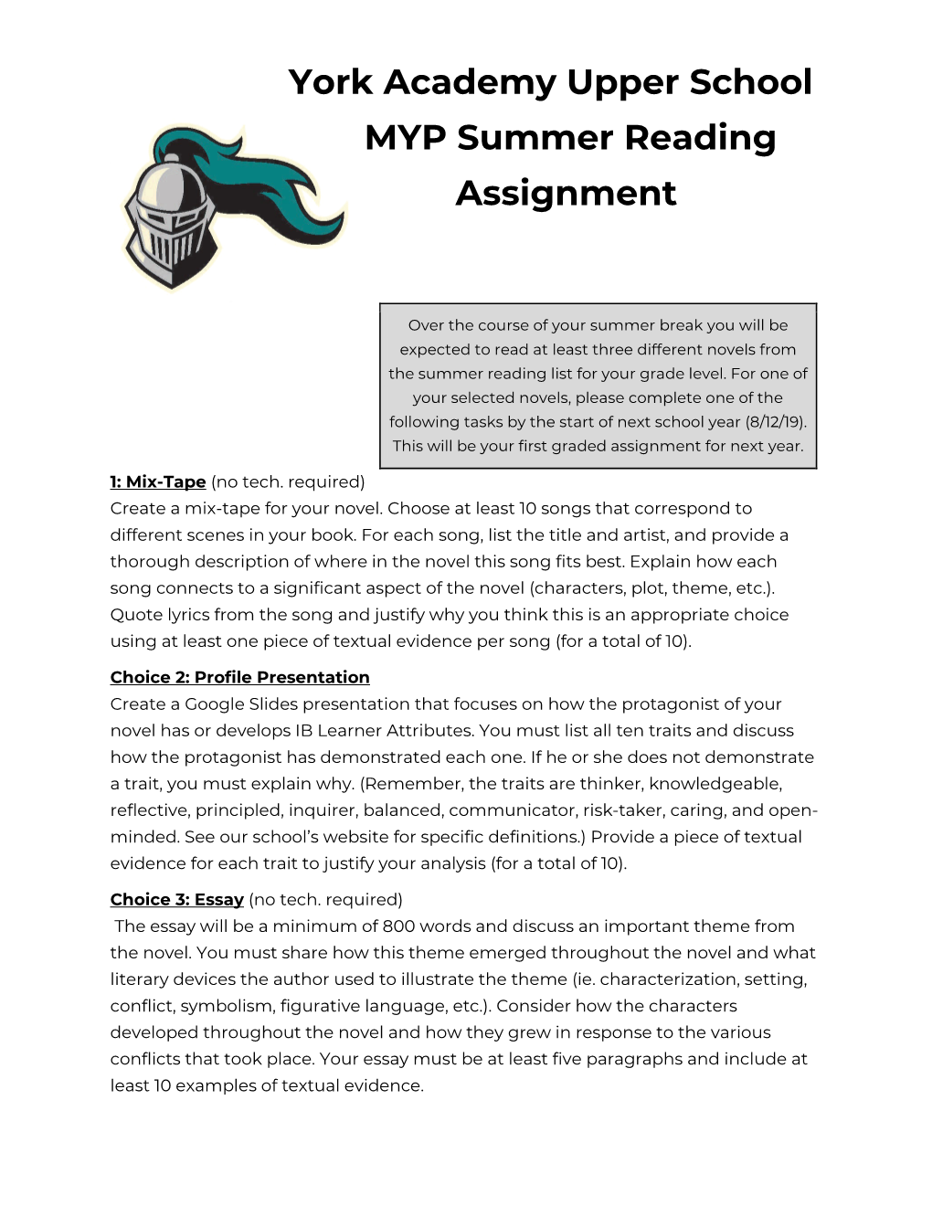 York Academy Upper School MYP Summer Reading Assignment