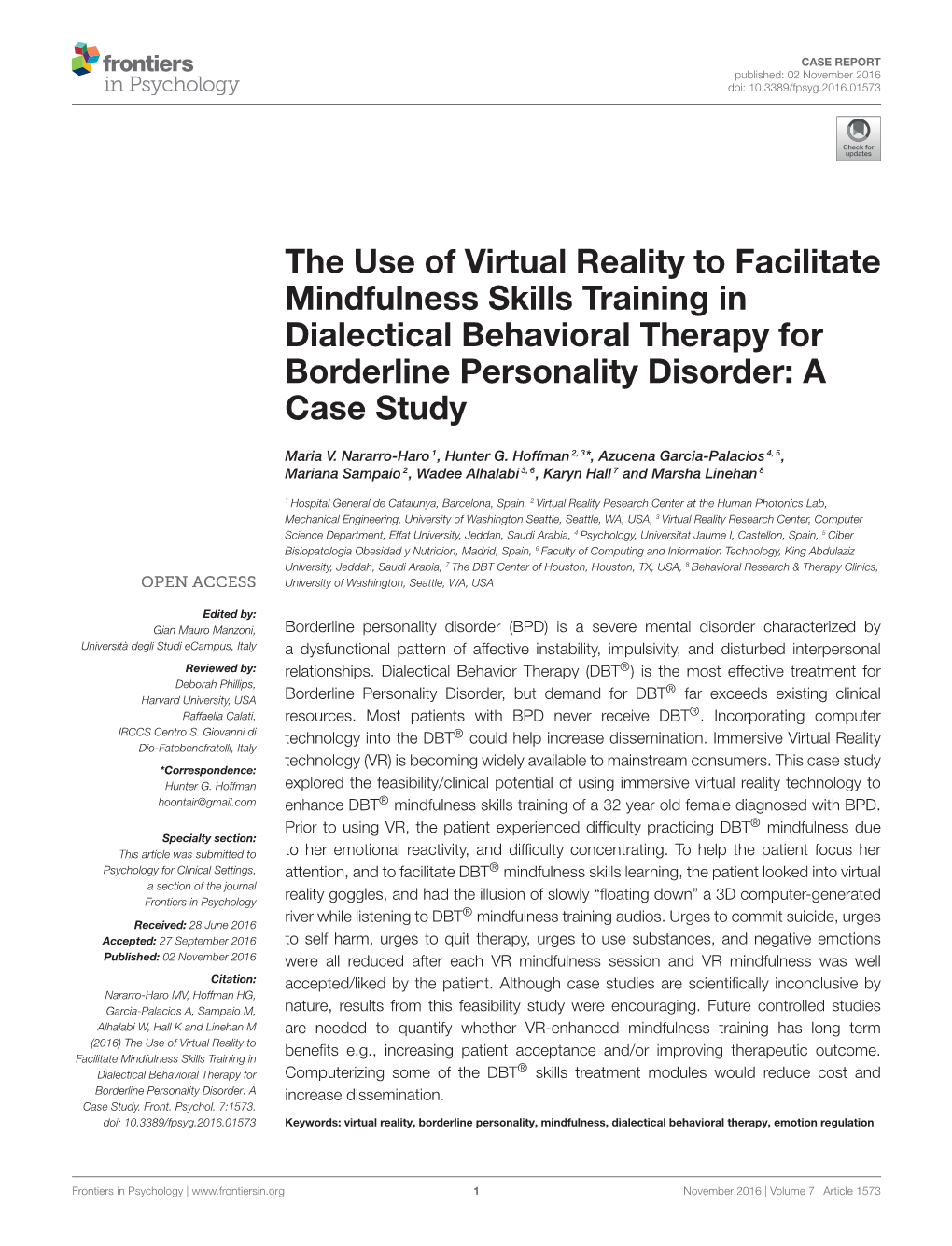 The Use of Virtual Reality to Facilitate Mindfulness Skills Training in Dialectical Behavioral Therapy for Borderline Personality Disorder: a Case Study