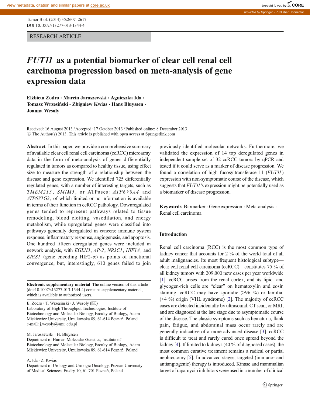 FUT11 As a Potential Biomarker of Clear Cell Renal Cell Carcinoma Progression Based on Meta-Analysis of Gene Expression Data