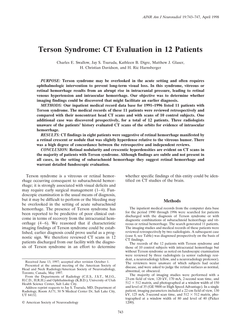 Terson Syndrome: CT Evaluation in 12 Patients