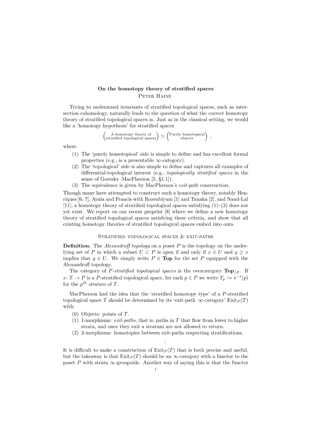 On the Homotopy Theory of Stratified Spaces Peter Haine Trying To