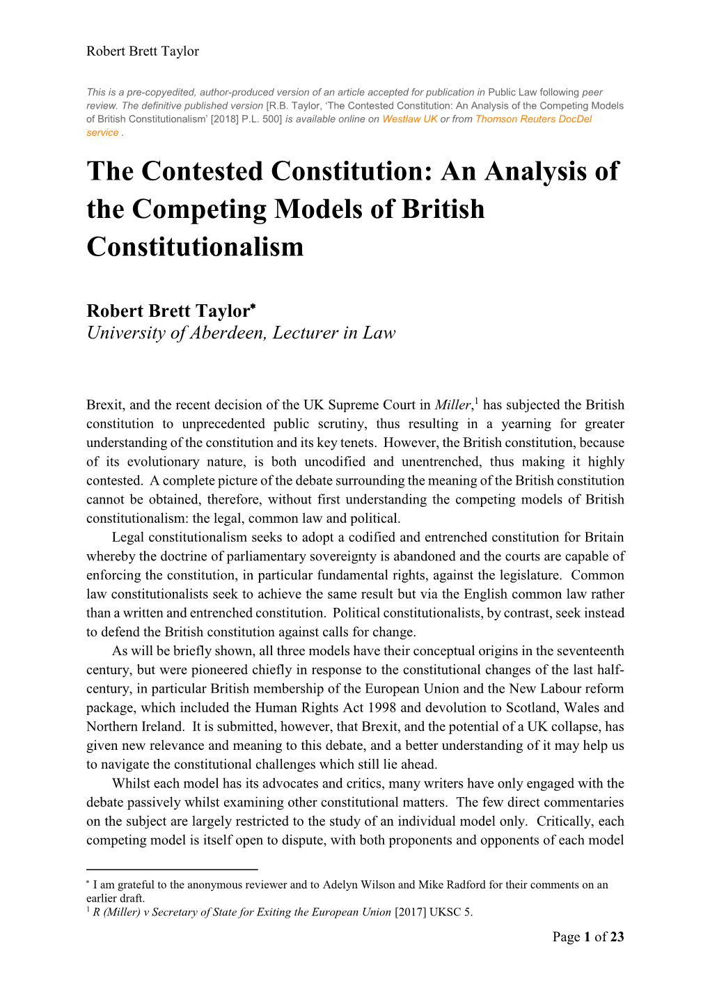 An Analysis of the Competing Models of British Constitutionalism’ [2018] P.L