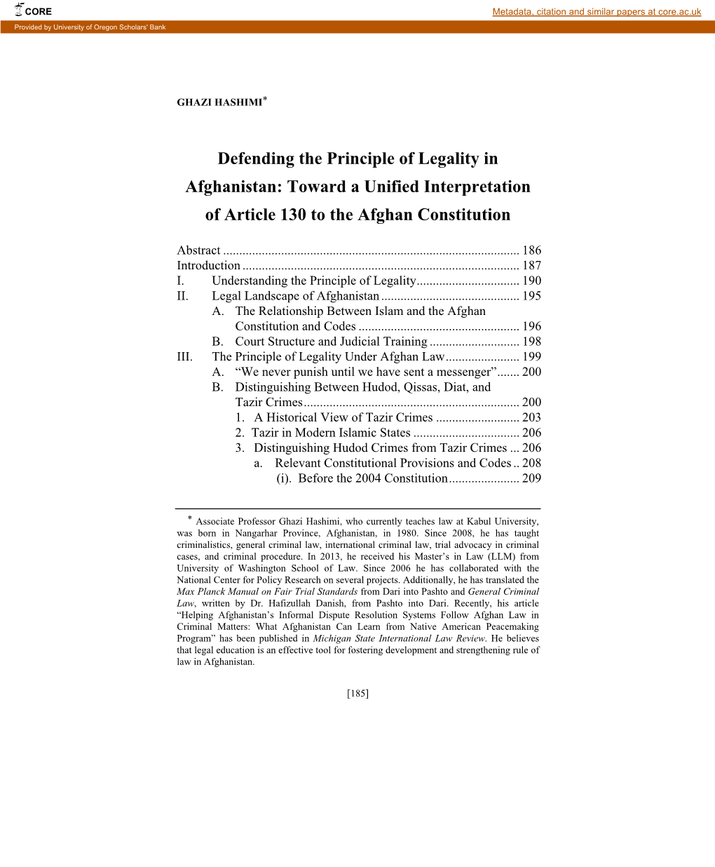 Defending the Principle of Legality in Afghanistan: Toward a Unified Interpretation of Article 130 to the Afghan Constitution