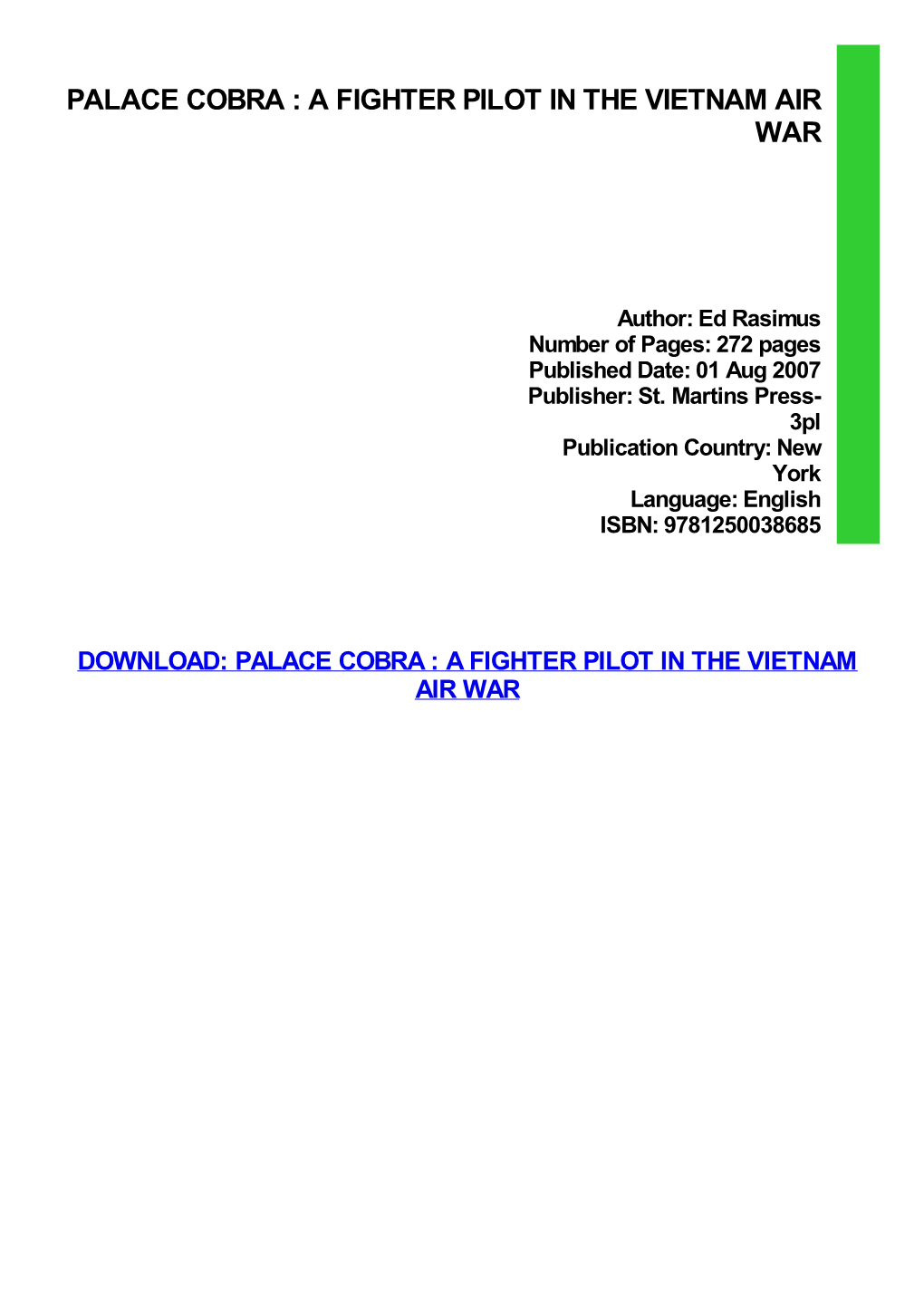 Palace Cobra : a Fighter Pilot in the Vietnam Air War Pdf Free Download