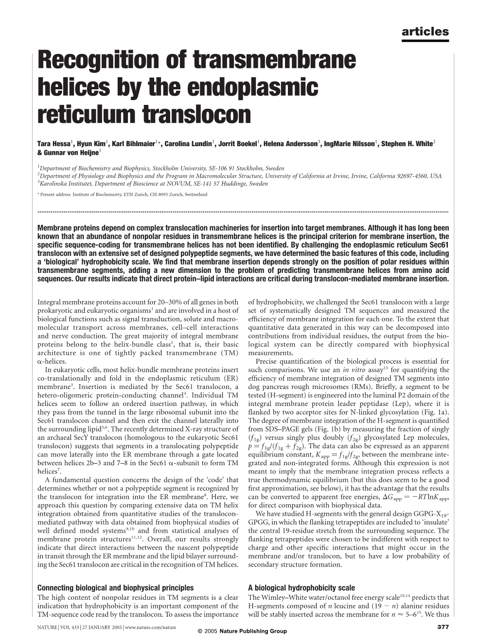 Recognition of Transmembrane Helices by the Endoplasmic Reticulum Translocon