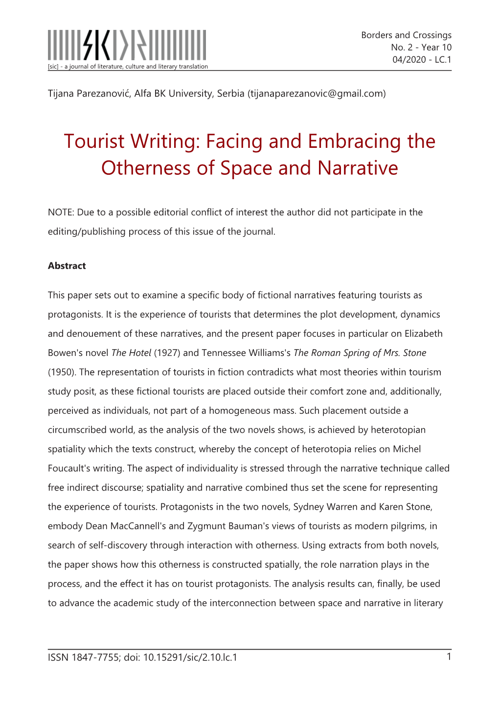 Tourist Writing: Facing and Embracing the Otherness of Space and Narrative