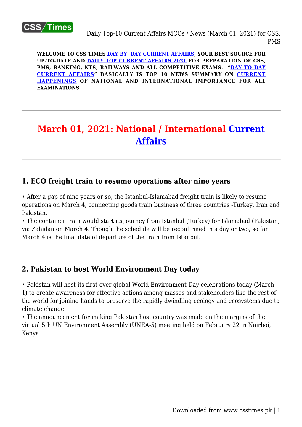 Daily Top-10 Current Affairs Mcqs / News (March 01, 2021) for CSS, PMS