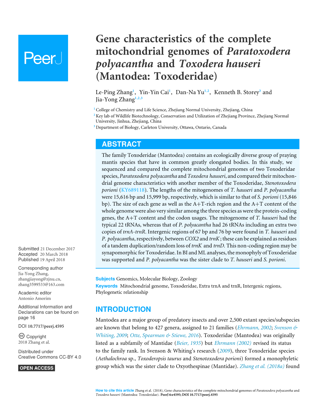 Gene Characteristics of the Complete Mitochondrial Genomes of Paratoxodera Polyacantha and Toxodera Hauseri (Mantodea: Toxoderidae)