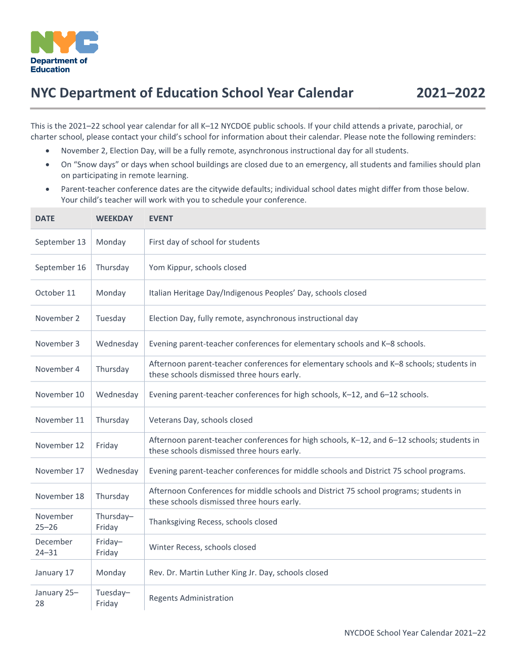 NYC Department of Education School Year Calendar 2021-22