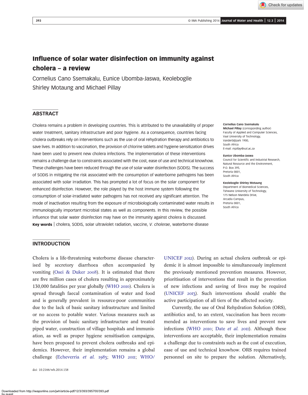 Influence of Solar Water Disinfection on Immunity Against Cholera – a Review