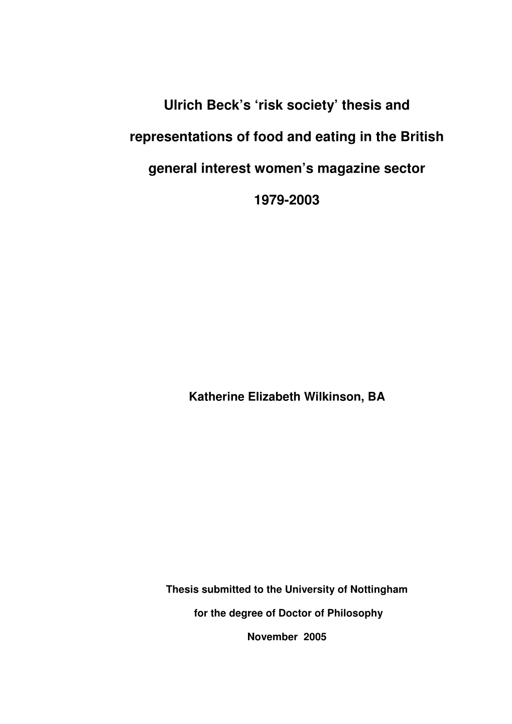 Ulrich Beck's 'Risk Society' Thesis and Representations of Food and Eating