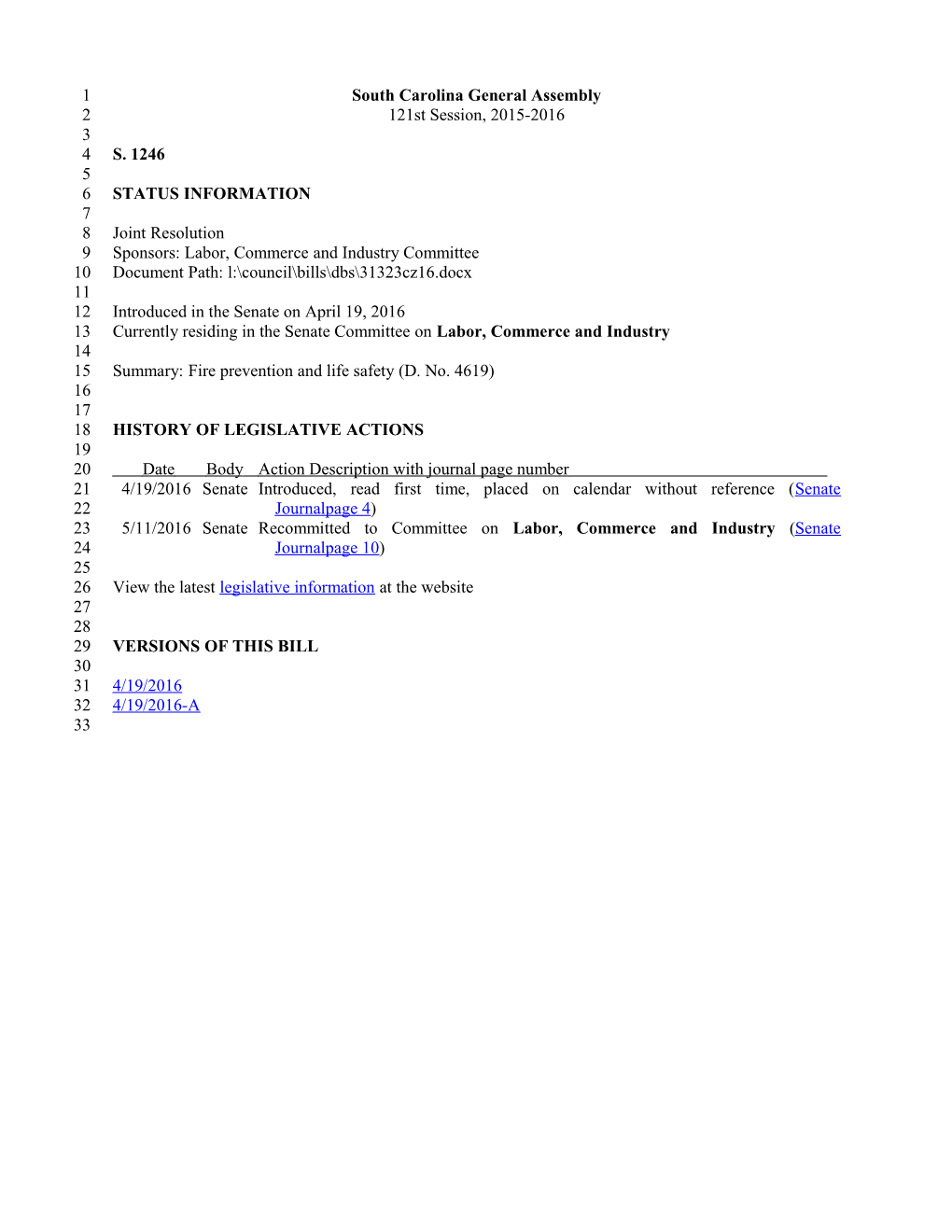 2015-2016 Bill 1246: Fire Prevention and Life Safety (D. No. 4619) - South Carolina Legislature