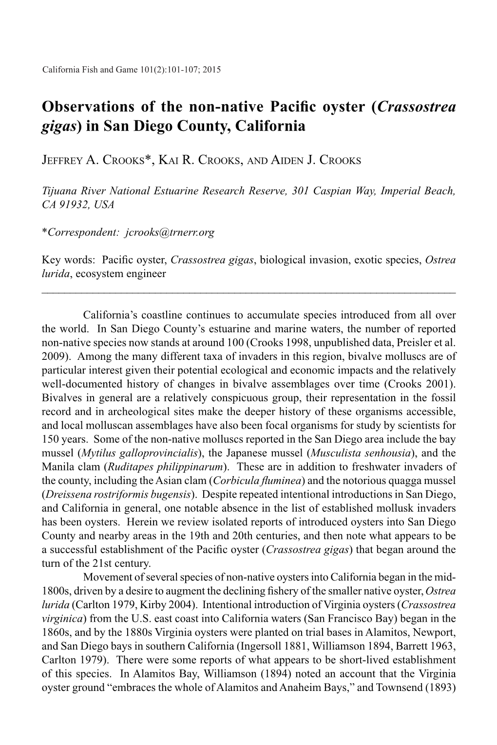 Observations of the Non-Native Pacific Oyster (Crassostrea Gigas) in San Diego County, California