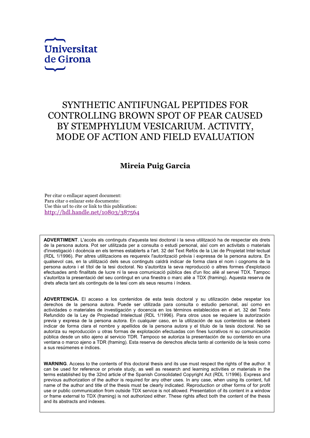 Synthetic Antifungal Peptides for Controlling Brown Spot of Pear Caused by Stemphylium Vesicarium