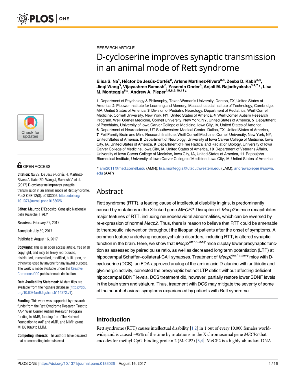 D-Cycloserine Improves Synaptic Transmission in an Animal Mode of Rett Syndrome